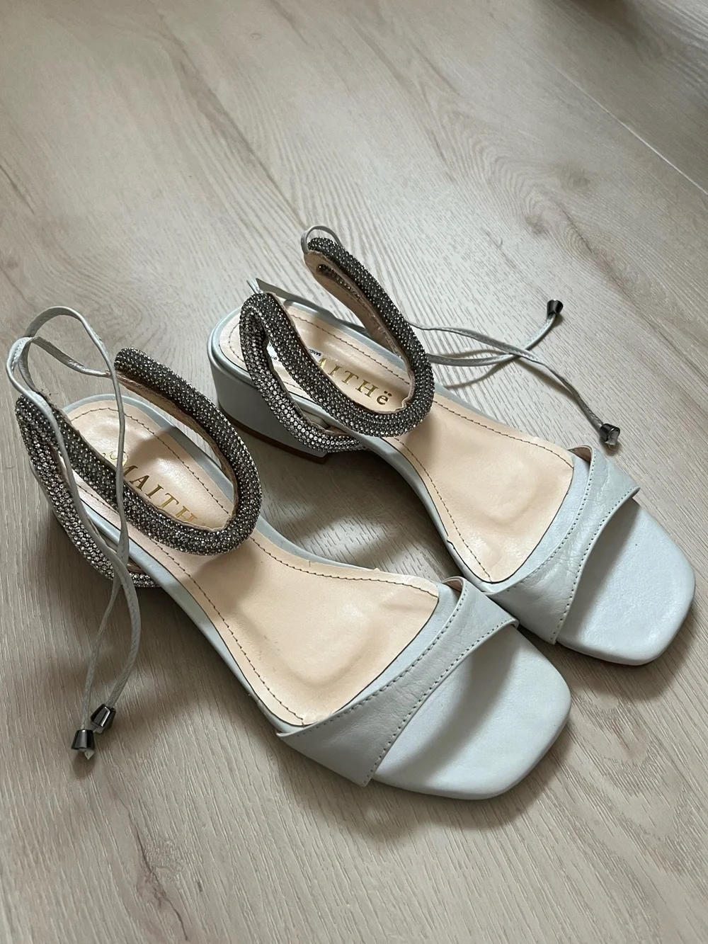 NWT Blue Leather Ankle Wrap Block Heel Sandals